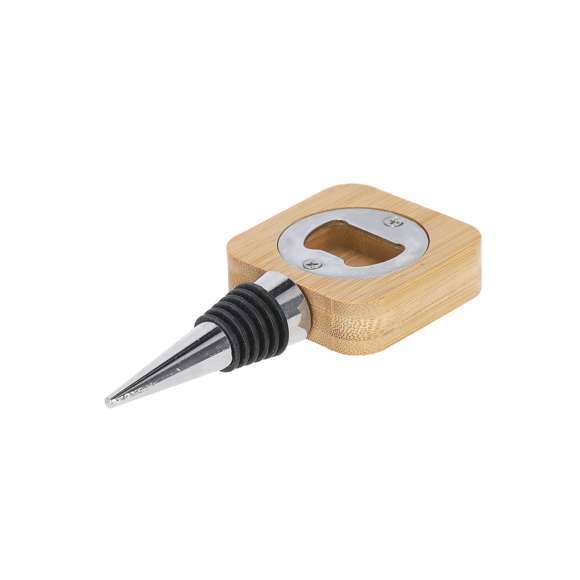Práctico tapón para botellas con abridor integrado. Fabricado en bambú y acero inox. Incluye aros de silicona en el tapón para un ajuste perfecto al cuello de la botella.Materiales como el bambú fomentan la utilización de materias primas naturales reduciendo las emisiones contaminantes. Además, el bambú proviene de una planta de gran resistencia y versatilidad, con crecimiento y regeneración rápida, siendo una excelente alternativa al uso de madera tradicional.