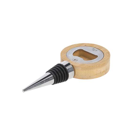 Práctico tapón para botellas con abridor integrado. Fabricado en bambú y acero inox. Incluye aros de silicona en el tapón para un ajuste perfecto al cuello de la botella.Materiales como el bambú fomentan la utilización de materias primas naturales reduciendo las emisiones contaminantes. Además, el bambú proviene de una planta de gran resistencia y versatilidad, con crecimiento y regeneración rápida, siendo una excelente alternativa al uso de madera tradicional.