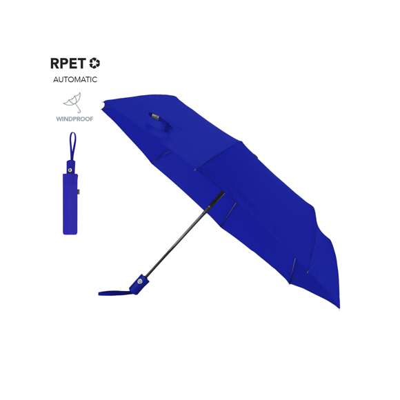 Paraguas plegable de 98 cm de diámetro en material pongee 190T RPET de 8 paneles. Con apertura y cierre automáticos, sistema antiviento y varillas en fibra de vidrio. Mango de suave tacto goma, funda de transporte y cinta a juego. Con etiqueta RPET.El material RPET se elabora a partir de plástico reciclado, para así fomentar la reutilización de residuos plásticos y ayudar a la sostenibilidad del planeta.