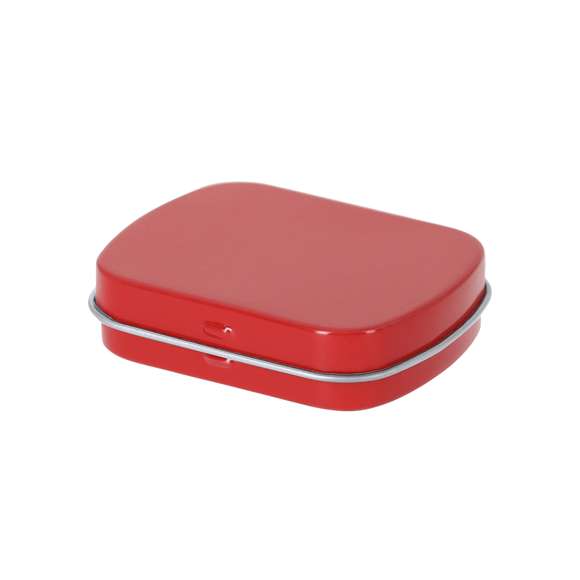 Dispensador de caramelos de menta sin azúcar de 23 gr. En caja de metal con sistema de apertura de bisagra.