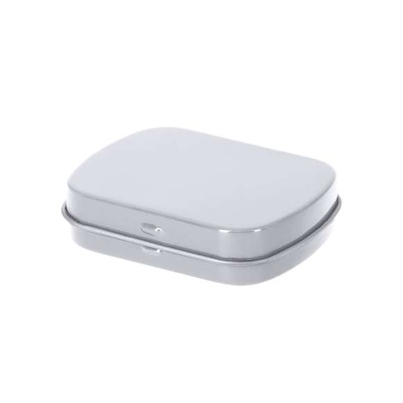 Dispensador de caramelos de menta sin azúcar de 23 gr. En caja de metal con sistema de apertura de bisagra.