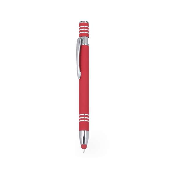 Bolígrafo puntero con mecanismo pulsador, fabricado en aluminio. Cuerpo con acabado de caucho, efecto gomoso. Especialmente diseñado para el marcaje a láser, revelando el logotipo en tono plateado. Incluye accesorios cromados y clip a juego. Tinta azul.