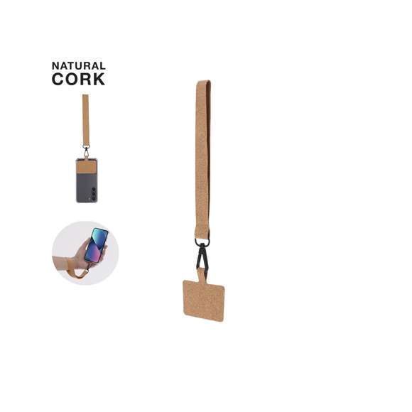Pulsera soporte para smartphone fabricada en corcho. Con cinta de transporte a juego y mosquetón metálico giratorio en color negro. Elaborado con elementos vegetales para así fomentar la utilización de materias primas naturales y reducir las emisiones contaminantes.