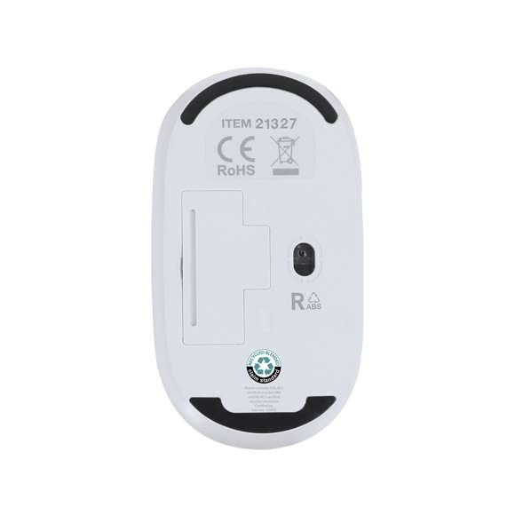 Ratón óptico inalámbrico fabricado en resistente RABS (ABS reciclado), con parte superior en aluminio reciclado. De diseño ergonómico y conexión inalámbrica (conector USB incluido). Con distintivo aluminio reciclado. Alimentación a pilas: 1xAA no incluida.El RABS es un plástico altamente reciclable de gran resistencia y con multitud de aplicaciones que lo convierten en una solución eco-friendly. Con certificación RCS, que garantiza el origen reciclado del mismo.El aluminio reciclado es un material con posibilidades de reciclaje casi infinitas, sin perder sus propiedades originales y consumiendo menos energía en este proceso.Certificación GRS (Global Recycled Standard / Estándar de Reciclaje Global), que garantiza el origen reciclado del material usado para fabricar el producto.