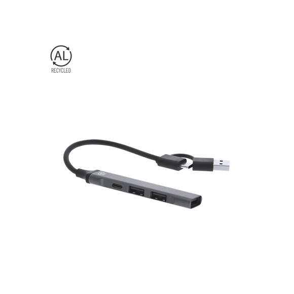 Puerto USB fabricado en Aluminio Reciclado. Con conexión dual USB/Tipo C y 4 puertos: 1 conexión Tipo C 3.0 y 3 puertos USB. Con distintivo Aluminio Reciclado. El aluminio reciclado es un material con posibilidades de reciclaje casi infinitas, sin perder sus propiedades originales y consumiendo menos energía en este proceso. Certificación GRS (Global Recycled Standard / Estándar de Reciclaje Global), que garantiza el origen reciclado del material usado para fabricar el producto.