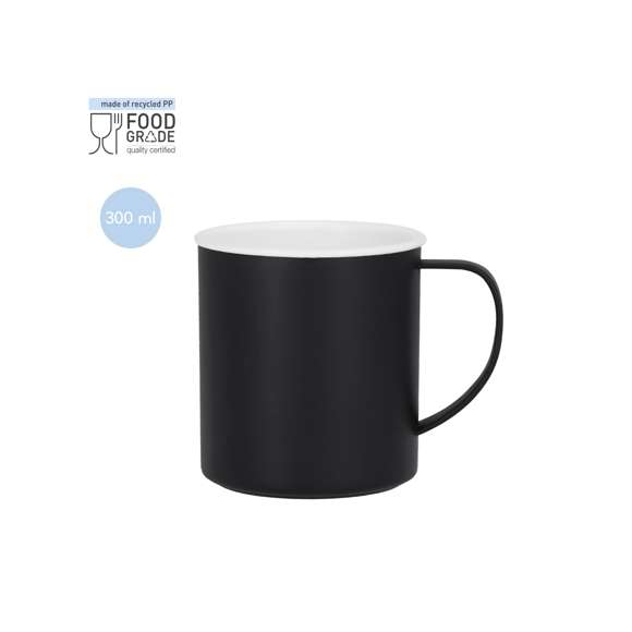 Taza de PP Reciclado con 300 ml de capacidad. Con interior en color blanco y exterior en distintivos colores. Libre de BPA.El PP Reciclado es un plástico reciclado y altamente reciclable, de gran resistencia y apto para multitud de aplicaciones. Con certificación Food Grade, garantizando la seguridad cuando los alimentos entran en contacto con el material usado para fabricar el producto.