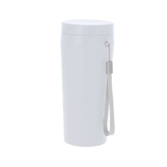 Bidón térmico fabricado en resistente PP Reciclado, con 320ml de capacidad. Con tapón de cierre hermético a rosca y cinta de transporte en color gris. El PP reciclado es un plástico reciclado y altamente reciclable, de gran resistencia y apto para multitud de aplicaciones.