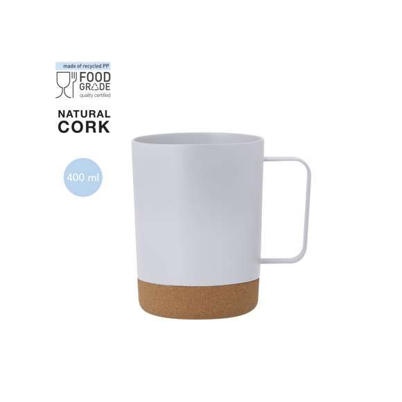 Taza fabricada en resistente PP Reciclado y corcho natural. Con 400 ml de capacidad. Distinguido diseño con original asa cuadrada. El PP reciclado es un plástico reciclado y altamente reciclable, de gran resistencia y apto para multitud de aplicaciones.