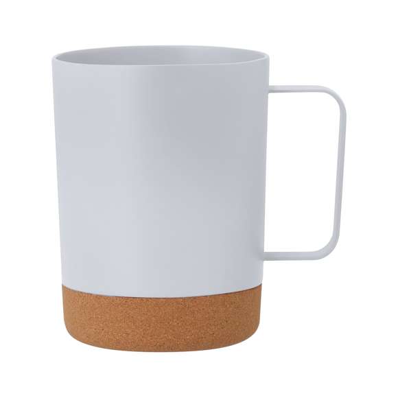 Taza fabricada en resistente PP Reciclado y corcho natural. Con 400 ml de capacidad. Distinguido diseño con original asa cuadrada. El PP reciclado es un plástico reciclado y altamente reciclable, de gran resistencia y apto para multitud de aplicaciones.