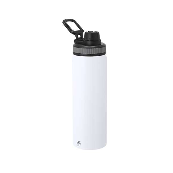 Bidón de Aluminio Reciclado con 800 ml de capacidad. Incluye tapadera color negro con sistema de cierre a rosca, agarre de silicona gris para un óptimo sellado, dosificador y asa para transporte ajustable. Incluye distintivo Aluminio Reciclado.El aluminio reciclado es un material con posibilidades de reciclaje casi infinitas, sin perder sus propiedades originales y consumiendo menos energía en este proceso.Certificación GRS (Global Recycled Standard / Estándar de Reciclaje Global), que garantiza el origen reciclado del material usado para fabricar el producto.
