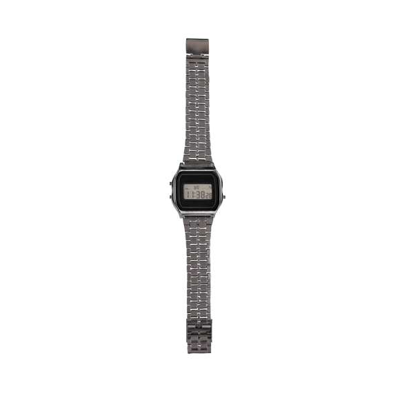 Reloj con sofisticado acabado metálico. Con pantalla con retroiluminación LED, que garantiza una lectura clara de la hora incluso en condiciones de poca luz. Ofrece una combinación de funciones prácticas, incluyendo hora, calendario, cronómetro y alarma, que permiten gestionar el tiempo de manera eficiente.Además, es resistente a salpicaduras, asegurando durabilidad y fiabilidad en el uso diario. Con tecnología moderna, elección ideal para quienes buscan un accesorio distintivo y funcional.
