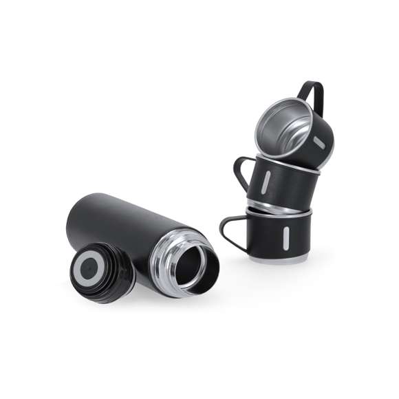 Set de termo con 3 tazas fabricado en acero inox. Termo de 420 ml de capacidad y de doble pared, que garantiza una mejor y más duradera conservación de la temperatura, con dosificador de seguridad. Tazas de 140ml, ajustables mediante rosca y en elegante diseño negro, ideales para disfrutar de la bebida, ya sea caliente o fría, en cualquier momento y lugar. Presentación en elegante estuche de color negro.