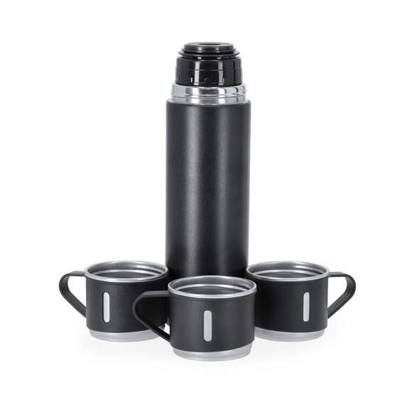 Set de termo con 3 tazas fabricado en acero inox. Termo de 420 ml de capacidad y de doble pared, que garantiza una mejor y más duradera conservación de la temperatura, con dosificador de seguridad. Tazas de 140ml, ajustables mediante rosca y en elegante diseño negro, ideales para disfrutar de la bebida, ya sea caliente o fría, en cualquier momento y lugar. Presentación en elegante estuche de color negro.