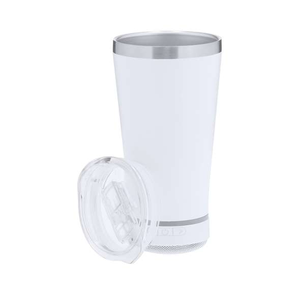 Vaso Térmico con Altavoz Bluetooth 5.3 de 3W integrado. Con 440 ml de capacidad y fabricado en acero inoxidable de doble pared, asegurando una durabilidad máxima y un excelente mantenimiento de la temperatura de las bebidas, ya sean frías o calientes. Es ideal para tener en tu escritorio, mesa o en cualquier superficie donde disfrutar tranquilamente de tu bebida favorita. Con dosificador en tapadera y abre fácil, libre de BPA. Cuenta con base antideslizante a juego, que proporciona una mayor estabilidad. El altavoz Bluetooth integrado en la base del vaso es fácilmente extraíble gracias a su sistema de rosca, e incluye iluminación inteligente LED RGB, que se sincroniza al ritmo de la música, creando una experiencia visual y auditiva única. Además, la función manos libres permite atender llamadas sin necesidad de dejar lo que se está haciendo.