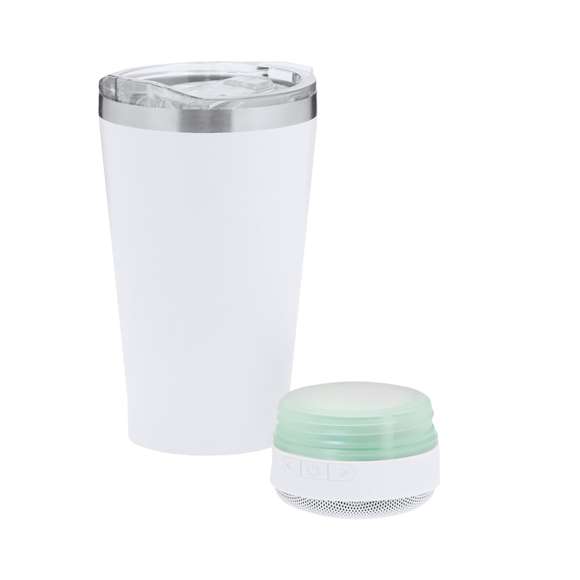 Vaso Térmico con Altavoz Bluetooth 5.3 de 3W integrado. Con 440 ml de capacidad y fabricado en acero inoxidable de doble pared, asegurando una durabilidad máxima y un excelente mantenimiento de la temperatura de las bebidas, ya sean frías o calientes. Es ideal para tener en tu escritorio, mesa o en cualquier superficie donde disfrutar tranquilamente de tu bebida favorita. Con dosificador en tapadera y abre fácil, libre de BPA. Cuenta con base antideslizante a juego, que proporciona una mayor estabilidad. El altavoz Bluetooth integrado en la base del vaso es fácilmente extraíble gracias a su sistema de rosca, e incluye iluminación inteligente LED RGB, que se sincroniza al ritmo de la música, creando una experiencia visual y auditiva única. Además, la función manos libres permite atender llamadas sin necesidad de dejar lo que se está haciendo.