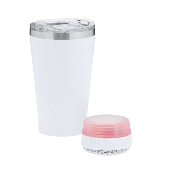 Vaso Térmico con Altavoz Bluetooth 5.3 de 3W integrado. Con 440 ml de capacidad y fabricado en acero inoxidable de doble pared, asegurando una durabilidad máxima y un excelente mantenimiento de la temperatura de las bebidas, ya sean frías o calientes. Es ideal para tener en tu escritorio, mesa o en cualquier superficie donde disfrutar tranquilamente de tu bebida favorita. Con dosificador en tapadera y abre fácil, libre de BPA. Cuenta con base antideslizante a juego, que proporciona una mayor estabilidad. El altavoz Bluetooth integrado en la base del vaso es fácilmente extraíble gracias a su sistema de rosca, e incluye iluminación inteligente LED RGB, que se sincroniza al ritmo de la música, creando una experiencia visual y auditiva única. Además, la función manos libres permite atender llamadas sin necesidad de dejar lo que se está haciendo.