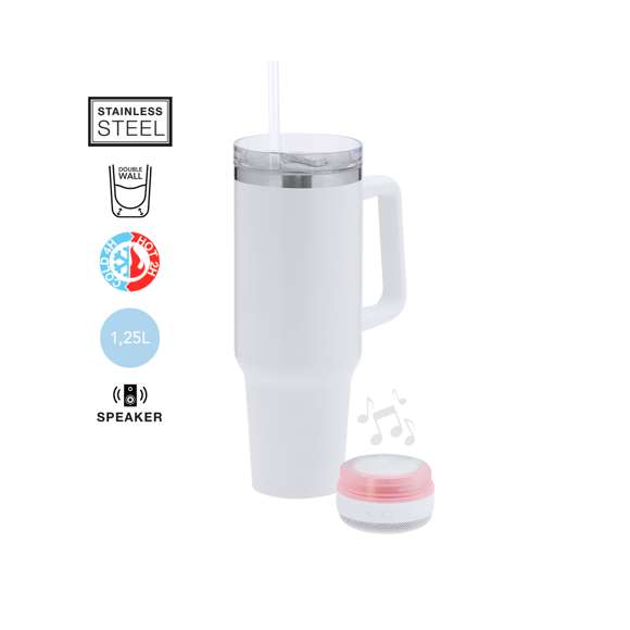 Taza térmica con Altavoz Bluetooth 5.3 de 3W integrado. Con 1,25L de capacidad, asa ergonómica y fabricado en acero inoxidable de doble pared, asegurando una durabilidad máxima y un excelente mantenimiento de la temperatura de las bebidas, ya sean frías o calientes. Es ideal para tener en tu escritorio, mesa o en cualquier superficie donde disfrutar tranquilamente de tu bebida favorita. La tapadera cuenta con un cierre a presión y un dosificador de fácil apertura, libre de BPA, garantizando seguridad y facilidad de uso. Cuenta con base antideslizante, a juego, que proporciona una mayor estabilidad. El altavoz Bluetooth integrado en la base de la taza es fácilmente extraíble gracias a su sistema de rosca, e incluye iluminación inteligente LED RGB, que se sincroniza al ritmo de la música, creando una experiencia visual y auditiva única. Además, la función manos libres permite atender llamadas sin necesidad de dejar lo que se está haciendo.