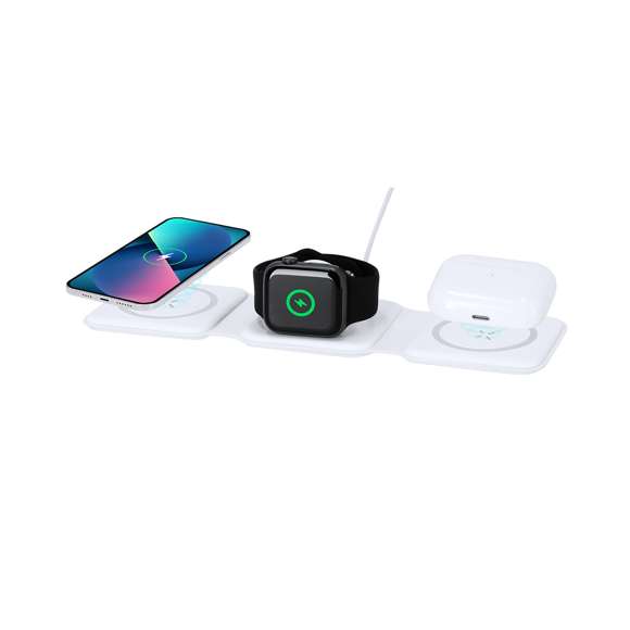Completo cargador inalámbrico magnético 15W, diseñado para la carga simultánea del smartphone, auriculares y smartwatch. Un gadget todo en uno: plegable, portátil, de tamaño compacto, muy versátil y de diseño funcional. Conexión por usb Tipo C -cable incluido- y elaborado en resistente ABS de color blanco. Fabricado conforme a los estándares RoHS y en cumplimiento con los siguientes requisitos de seguridad:Sistema de protección contra sobrecalentamiento.Sistema de protección contra sobrecarga.Sistema de bloqueo para evitar cortocircuitos.