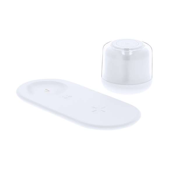 Lámpara multifunción. Incluye:- Lámpara portátil de carga inalámbrica de 12 LEDs. Con 2 posiciones de luz regulables por botones táctiles: luz blanca y multicolor. - Cargador inalámbrico de 15W.