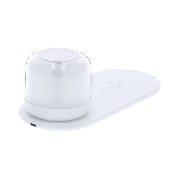 Lámpara multifunción. Incluye:- Lámpara portátil de carga inalámbrica de 12 LEDs. Con 2 posiciones de luz regulables por botones táctiles: luz blanca y multicolor. - Cargador inalámbrico de 15W.