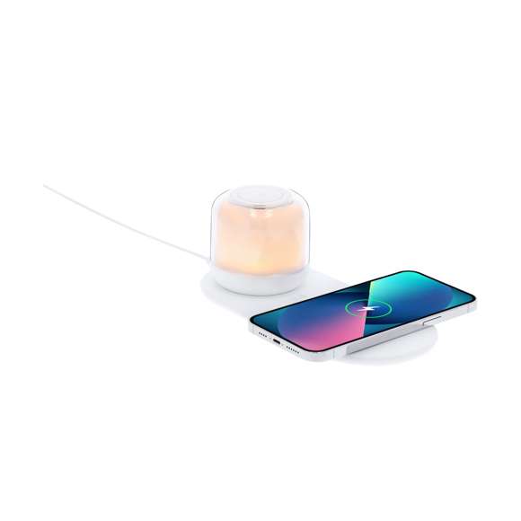 Lámpara multifunción. Incluye:- Lámpara portátil de carga inalámbrica de 12 LEDs. Con 2 posiciones de luz regulables por botones táctiles: luz blanca y multicolor. - Cargador inalámbrico de 15W.