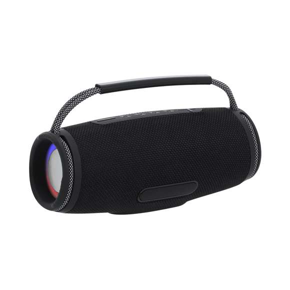 Altavoz estéreo Bluetooth 2x5W con luz multicolor. Fabricado en resistente tejido premium y asa de transporte en tejido trenzado bitono con agarre de suave silicona. Incluye zona lateral especial para marcaje. Con luces LEDs multicolor con 7 posiciones de iluminación. Conexión Bluetooth 5.3 con panel de control integrado parte superior. Cuenta con función manos libres, conexión USB, conexión Tipo C, lector de Micro SD.