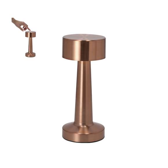 Lámpara de diseño en acabado oro rosa. Incluye 3 modos de luz (blanca, neutra y cálida) y sistema de regulación de intensidad de luz táctil. Equipada con 24 LEDs. Con botón encendido/apagado.