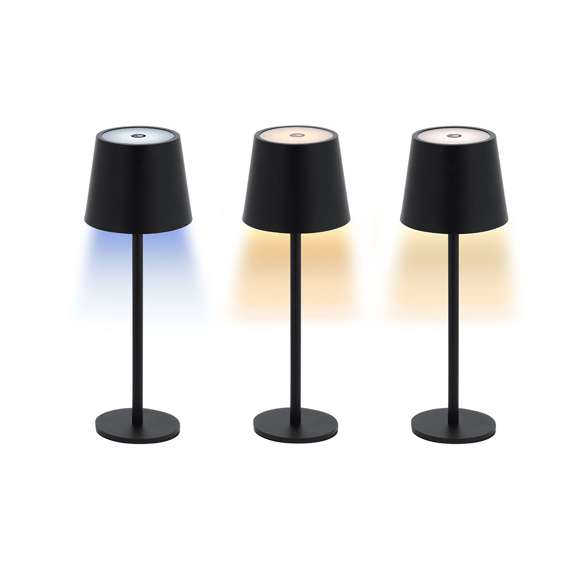 Lámpara de diseño en acabado negro cromado. Incluye 3 modos de luz (blanca, neutra y cálida) y sistema de regulación de intensidad de luz táctil. Equipada con 48 LEDs. Con botón encendido/apagado.