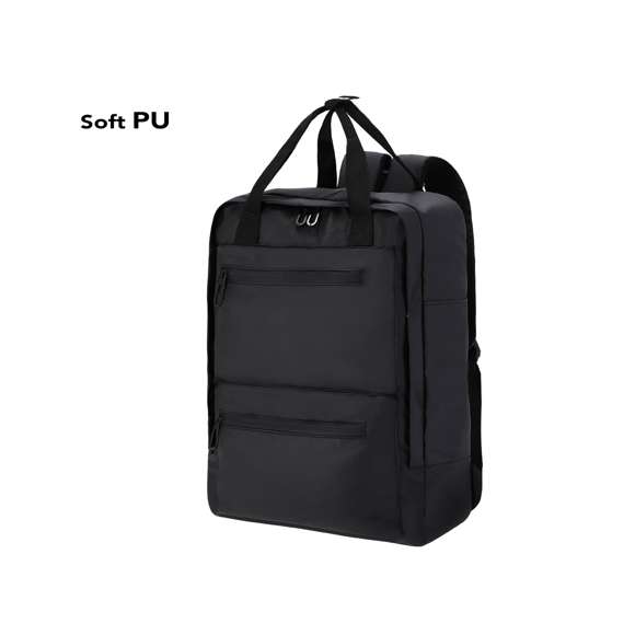 Mochila en resistente PU. Cuenta con un bolsillo principal y dos frontales para un acceso rápido. Cierres de cremallera invisible. Incluye dos bolsillos en los laterales y asas dobles de transporte, reforzadas en la parte superior con cinta de unión entre ellas para un fácil transporte. Equipada con bolsillo acolchado interior para portátil de hasta 15 pulgadas y bolsillo para tablet de hasta 10 pulgadas. Espalda y cintas de hombros acolchadas, transpirables y ajustables.