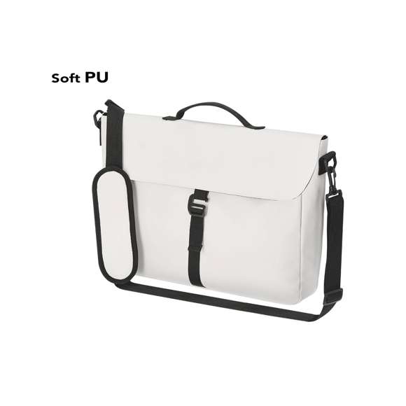 Portadocumentos de suave PU. Interior de gran capacidad con compartimento acolchado para portátiles de hasta 15 pulgadas. Con sistema de cierre de hebilla. Incluye cinta de transporte removible y acolchada.