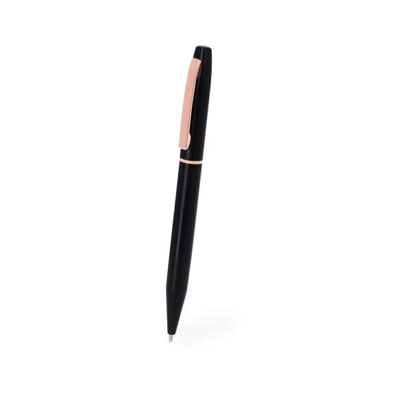 Set de bolígrafo y roller fabricados en Aluminio Reciclado, en elegante diseño negro mate con distinguidos accesorios en acabado oro rosa. Bolígrafo de mecanismo giratorio y roller con capucha, ambos con clip metálico. En tinta azul y logotipo de Aluminio Reciclado. Presentación en elegante estuche negro.El Aluminio Reciclado es un material con posibilidades de reciclaje casi infinitas, sin perder sus propiedades originales y consumiendo menos energía en este proceso.Certificación GRS (Global Recycled Standard / Estándar de Reciclaje Global), que garantiza el origen reciclado del material usado para fabricar el producto.