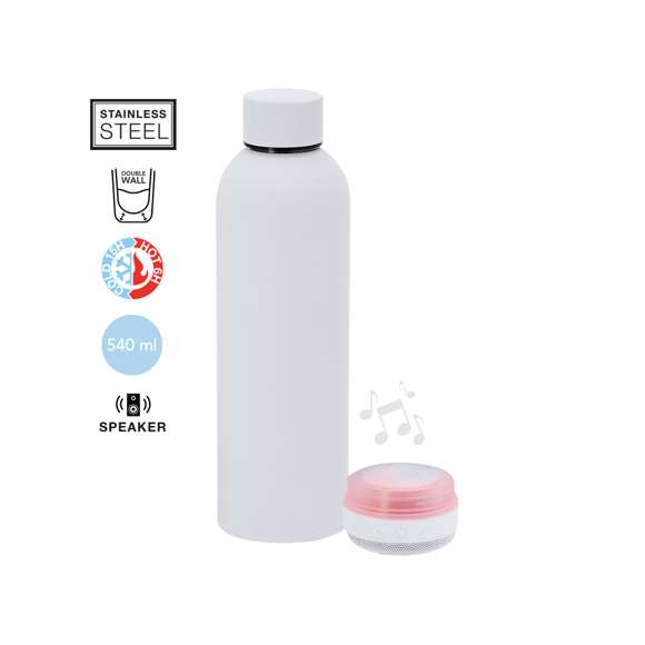 Bidón térmico con Altavoz Bluetooth 5.3 de 3W integrado. Con 540 ml de capacidad y fabricado en acero inoxidable de doble pared, asegurando una durabilidad máxima y un excelente mantenimiento de la temperatura de las bebidas, ya sean frías o calientes. Con tapadera con sistema de cierre de rosca y libre de BPA. Es ideal para tener en tu escritorio, mesa o en cualquier superficie donde disfrutar tranquilamente de tu bebida favorita. Cuenta con base antideslizante, a juego, que proporciona una mayor estabilidad. El altavoz Bluetooth integrado en la base del bidón es fácilmente extraíble gracias a su sistema de rosca, e incluye iluminación inteligente LED RGB, que se sincroniza al ritmo de la música, creando una experiencia visual y auditiva única. Además, la función manos libres permite atender llamadas sin necesidad de dejar lo que se está haciendo.