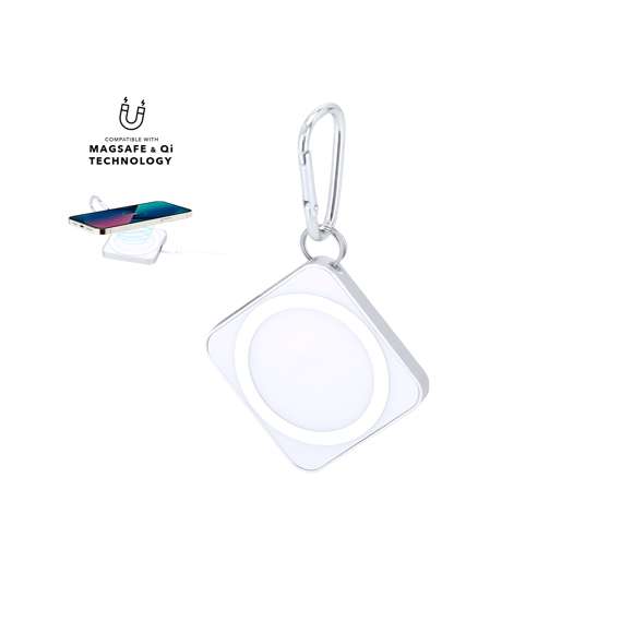 Cargador inalámbrico 15W fabricado en aluminio. Diseñado para la carga de smartphone, auriculares y smartwatch. Con fijación magnética. Incluye mosquetón metálico de transporte. Conexión tipo C.