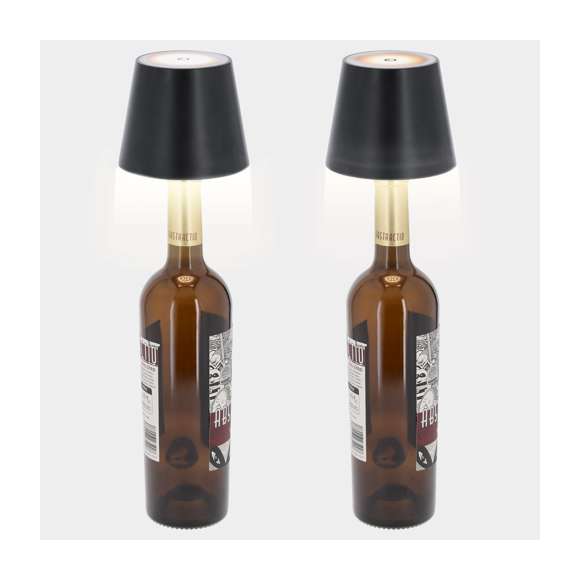 Lámpara LED con adaptador para insertar en la botella, creando así una original lámpara. Con 31 LEDs (27 blancos y 4 amarillos) de intensidad regulable por botón táctil. Con batería de 800mAh recargable por USB, cable Tipo C incluido.