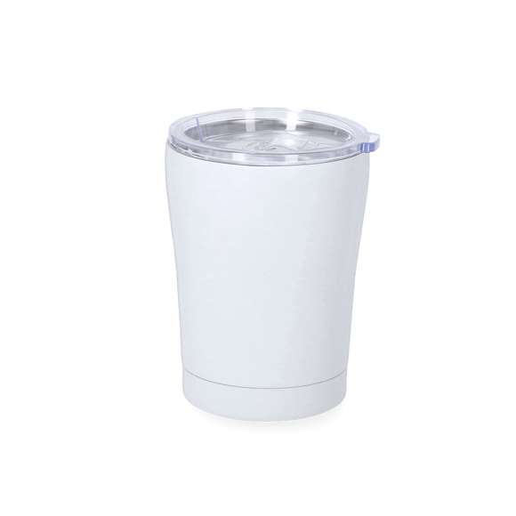 Vaso térmico fabricado en acero inox de doble pared y 350 ml de capacidad. Exterior en acabado caucho de acabado mate, especialmente diseñado para marcaje láser. Incluye tapa de cierre a presión transparente, con dosificador y de fácil apertura, libre de BPA. Es ideal para tener en tu escritorio, mesa o en cualquier superficie donde disfrutar tranquilamente de tu bebida favorita.