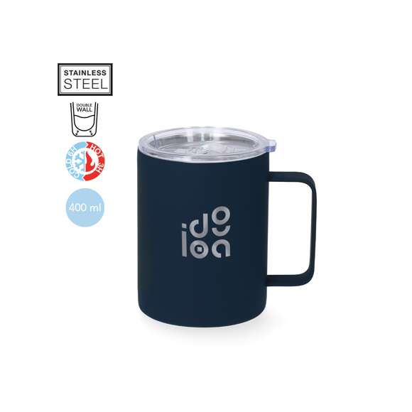 Taza térmica fabricada en acero inox de doble pared y 400 ml de capacidad. Exterior en acabado caucho, especialmente diseñada para marcaje láser. Incluye tapa de cierre a presión transparente, con dosificador de fácil apertura, libre de BPA.