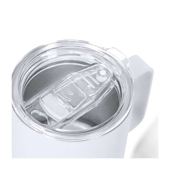 Taza térmica fabricada en acero inox de doble pared y 400 ml de capacidad. Exterior en acabado caucho, especialmente diseñada para marcaje láser. Incluye tapa de cierre a presión transparente, con dosificador de fácil apertura, libre de BPA.