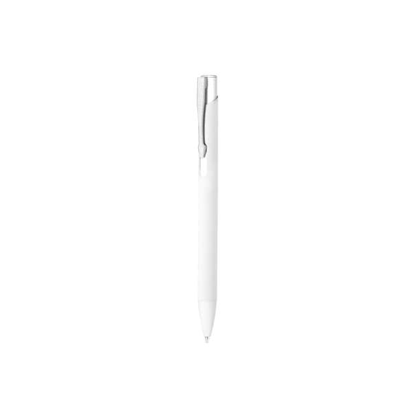 Elegante bolígrafo de aluminio con mecanismo pulsador. Cuerpo y clip en resistente aluminio de acabado mate, con cartucho jumbo y en tinta azul. Especial para marcaje en láser.