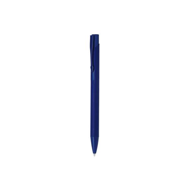 Elegante bolígrafo de aluminio con mecanismo pulsador. Cuerpo y clip en resistente aluminio de acabado mate, con cartucho jumbo y en tinta azul. Especial para marcaje en láser.