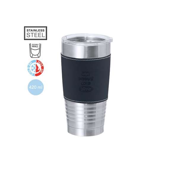 Vaso térmico fabricado en acero inox de doble pared y sofisticada PU. Con 420 ml de capacidad. Incluye elegante banda de PU, confeccionado con distinguidas puntadas blancas. Es ideal para tener en tu escritorio, mesa o en cualquier superficie donde disfrutar tranquilamente de tu bebida favorita. Incluye tapadera transparente con dosificador en tapa y de fácil apertura, libre de BPA.
