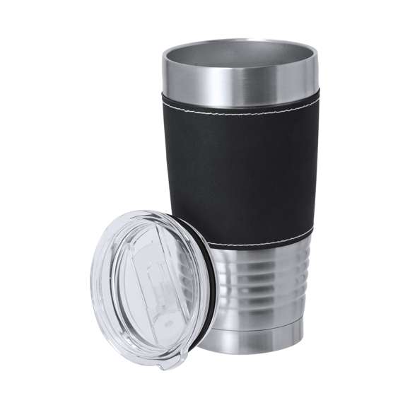 Vaso térmico fabricado en acero inox de doble pared y sofisticada PU. Con 420 ml de capacidad. Incluye elegante banda de PU, confeccionado con distinguidas puntadas blancas. Es ideal para tener en tu escritorio, mesa o en cualquier superficie donde disfrutar tranquilamente de tu bebida favorita. Incluye tapadera transparente con dosificador en tapa y de fácil apertura, libre de BPA.