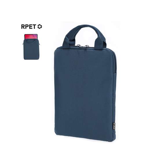 Práctica funda acolchada para tablet fabricada en 600D RPET. Apertura en parte superior, con cierre de cremallera, tiradores metálicos y asas de transporte. Para tablets de hasta 10 pulgadas. Etiqueta exterior con logotipo RPET.El material RPET se elabora a partir de plástico reciclado, para así fomentar la reutilización de residuos plásticos y ayudar a la sostenibilidad del planeta.