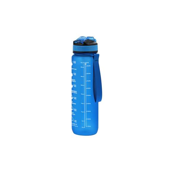 Bidón de 1L de capacidad, fabricado en resistente PETG y en acabado translúcido mate.Con indicador de capacidad en litros y onzas, junto con frases motivadoras que invitan a mantener una adecuada hidratación. Con tapón negro de rosca. Incluye dosificador con cierre de seguridad y cómoda cinta de transporte. Libre de BPA.