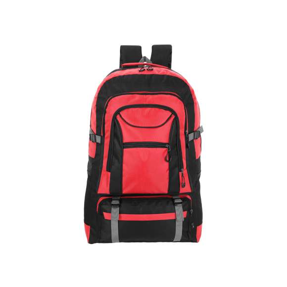 Mochila en resistente poliéster 600D. Con compartimento principal con cierre de cremallera de doble tirador y forro interior, múltiples bolsillos frontales con cierres de cremallera y cómodos tiradores de amplio agarre. Incluye bolsillos laterales de rejilla. Espalda acolchada, cintas de hombro ajustables y acolchadas, así como una correa de cintura ajustable.