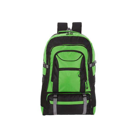 Mochila en resistente poliéster 600D. Con compartimento principal con cierre de cremallera de doble tirador y forro interior, múltiples bolsillos frontales con cierres de cremallera y cómodos tiradores de amplio agarre. Incluye bolsillos laterales de rejilla. Espalda acolchada, cintas de hombro ajustables y acolchadas, así como una correa de cintura ajustable.