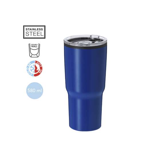 Vaso térmico en acero inox de doble pared y 580 ml de capacidad. Con dosificador en tapa transparente de fácil apertura, libre de BPA. Es ideal para tener en tu escritorio, mesa o en cualquier superficie donde disfrutar tranquilamente de tu bebida favorita.