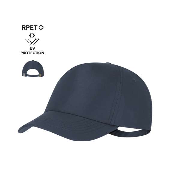 Gorra deportiva de 5 paneles en poliéster RPET con protección UV50. Ajustable cierre de hebilla metálica y orificios de ventilación bordados. Con logotipo de RPET y UV en etiqueta.El material RPET se elabora a partir de plástico reciclado, para así fomentar la reutilización de residuos plásticos y ayudar a la sostenibilidad del planeta.