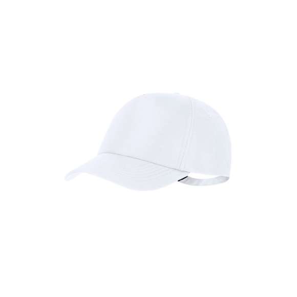 Gorra deportiva de 5 paneles en poliéster RPET con protección UV50. Ajustable cierre de hebilla metálica y orificios de ventilación bordados. Con logotipo de RPET y UV en etiqueta.El material RPET se elabora a partir de plástico reciclado, para así fomentar la reutilización de residuos plásticos y ayudar a la sostenibilidad del planeta.