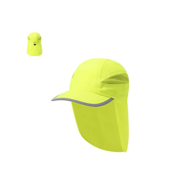 Gorra de poliéster en color fluorescente, ideal para mayor visibilidad. Incluye perfil reflectante en la visera. Con cierre elástico con accesorio ajustable para un cómodo y personalizado ajuste. Cuenta con paneles de redecilla transpirables que favorecen la ventilación durante el uso. Su práctica solapa trasera ofrece protección adicional, resguardando el cuello de los rayos solares.