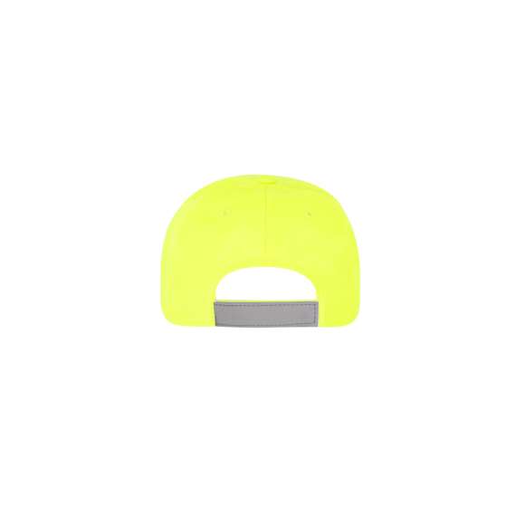 Gorra infantil deportiva en suave poliéster de diseño bicolor en amarillo fluorescente con reflectante perfil en la visera y en cierre. Cierre de velcro y orificios de ventilación bordados.